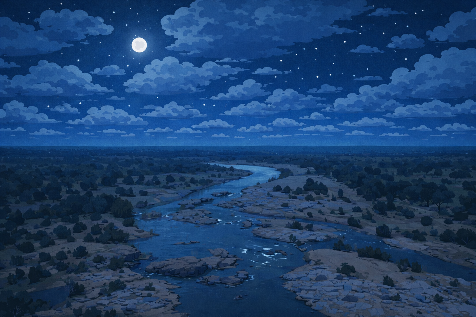 An illustration of a man and a woman having a conversation at night.