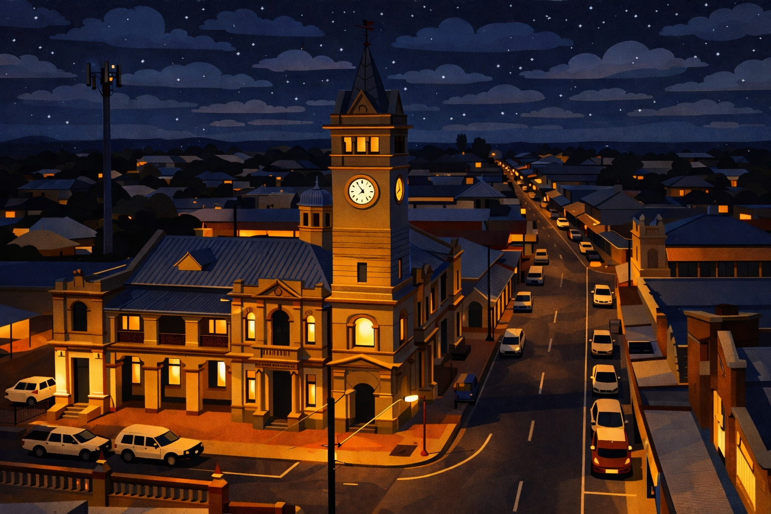 An illustration of Charters Towers at night.